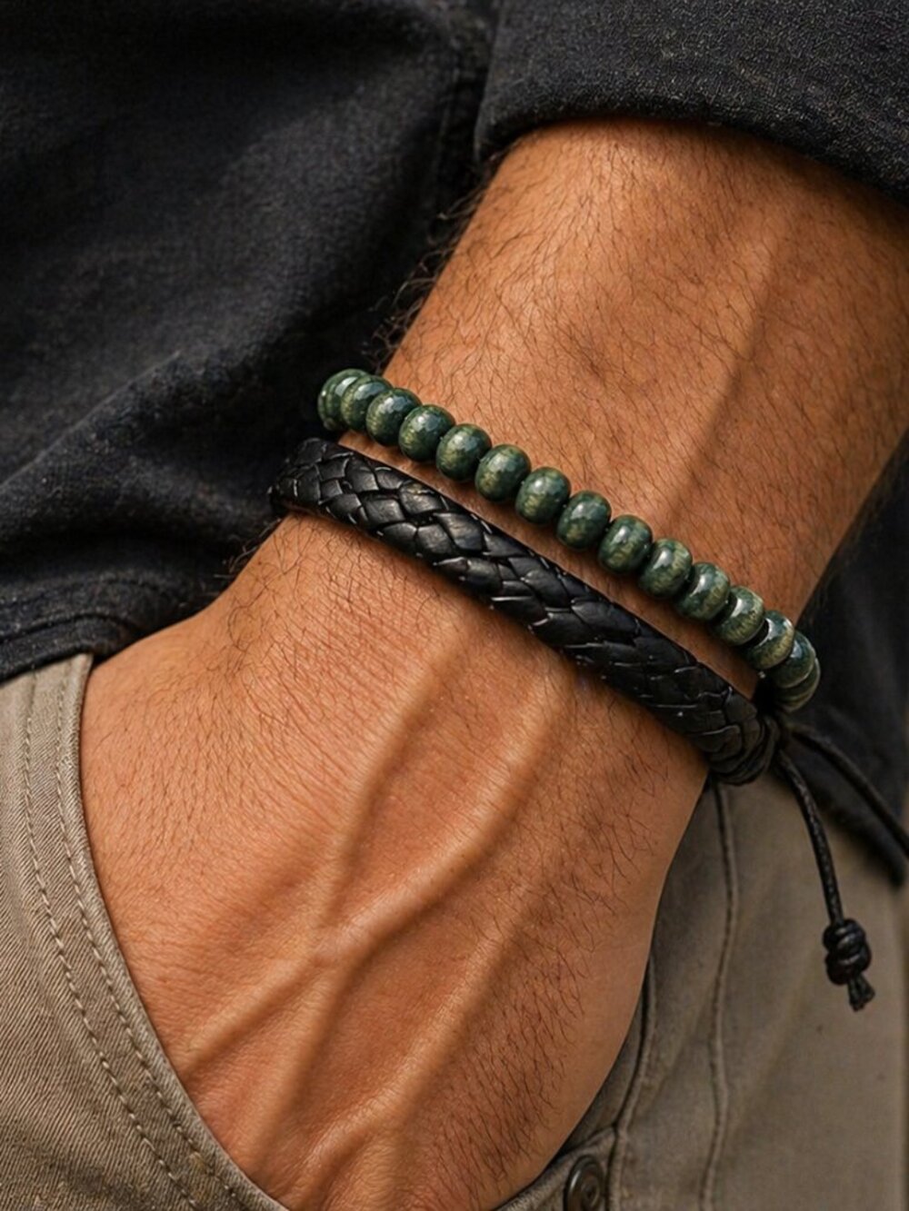 Mens Black Leather Bracelet Green Beaded Set Adjustable Braided Stack